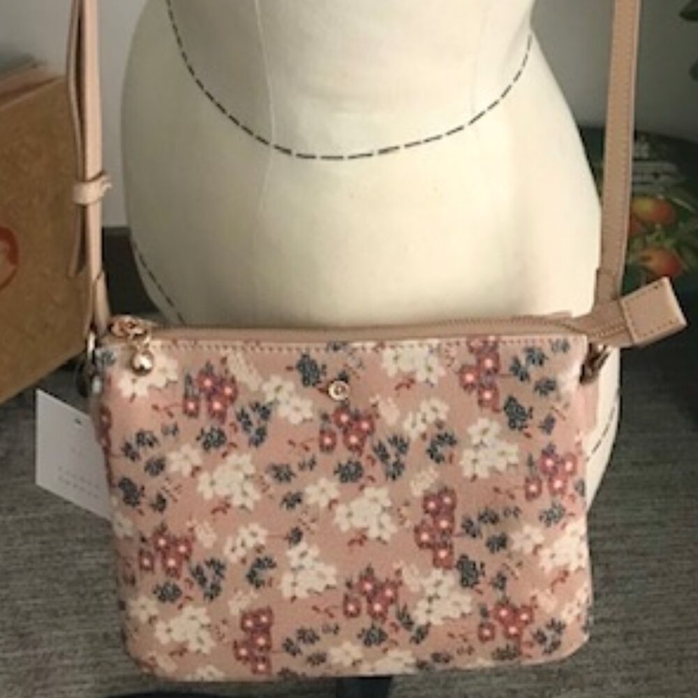 DESIGNER LC LAUREN CONRAD FLORAL *DITZY PRINT* TAN/BLUSH CROSSBODY HANDBAG- NWT